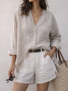 Zara Linen Button Front Blouse Neutral Beige Relaxed Fit M boho beach summer